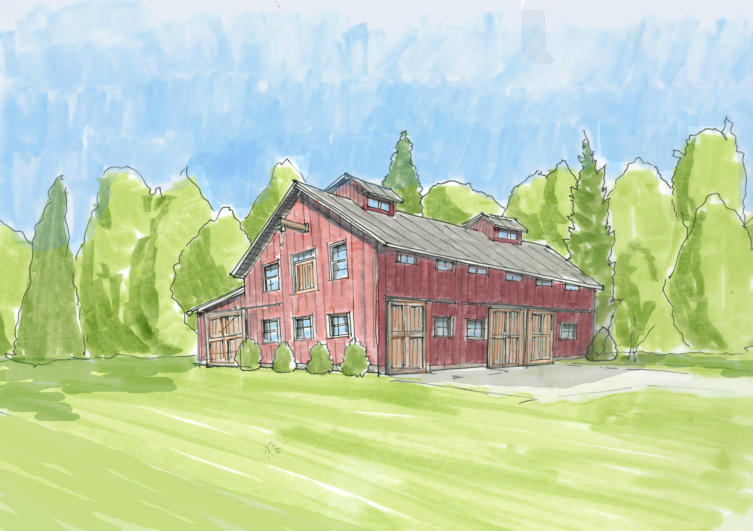 Sketch of the front of the La Vida barn rebuild.